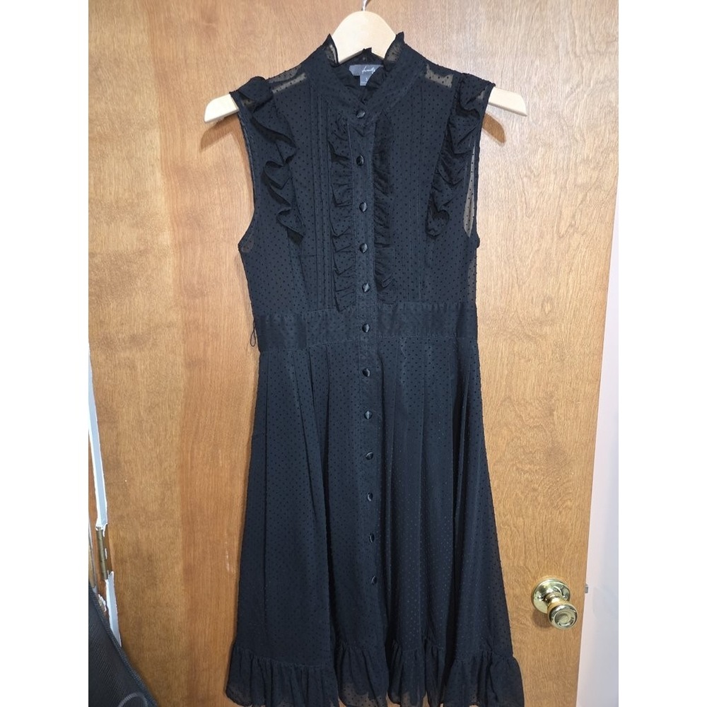 Forever 21 Dress Womens Small Black Swiss Dot Ruffle Mock Neck Sleeveless Midi